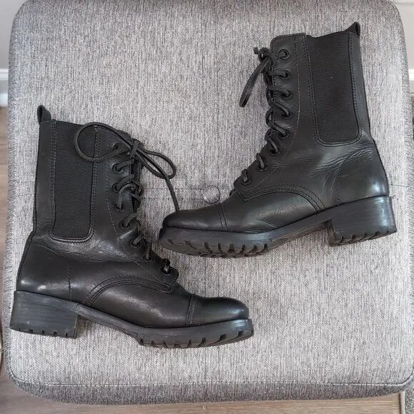 Tory Burch Tall Black Leather Combat Boots Sz 6