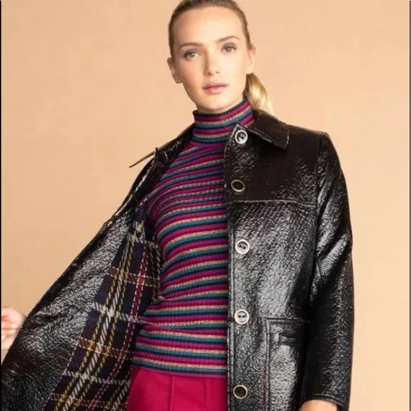Trina Turk black plaid raincoat size 0