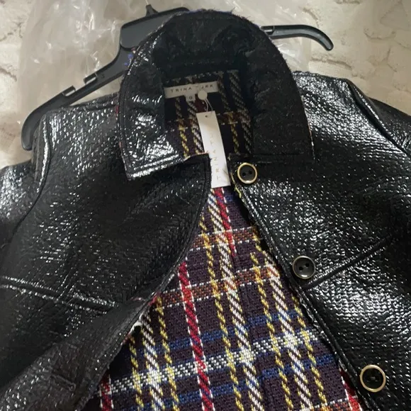 Trina Turk black plaid raincoat size 0