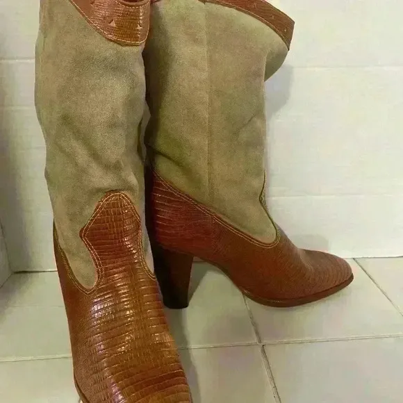 Two-Tone Women's High Heel Boots Size 7 M Brown Leather TF
