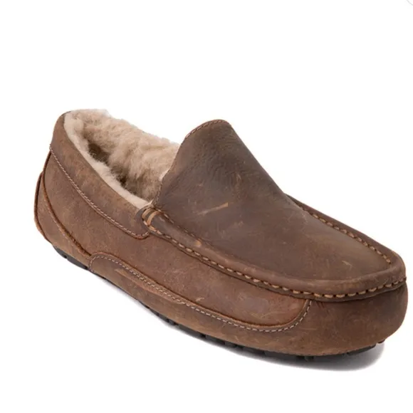 UGG ASCOT COGNAC LEATHER CASUAL SLIP ON MOCCASIN SLIPPER RUBBER OUTSOLE 11EEE