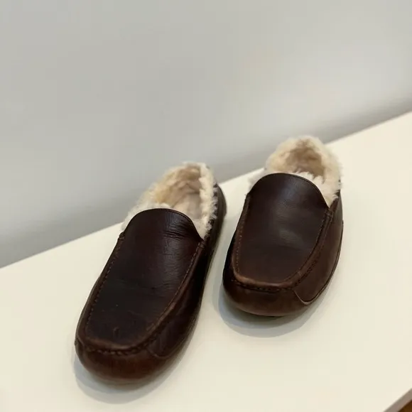 UGG ASCOT COGNAC LEATHER CASUAL SLIP ON MOCCASIN SLIPPER RUBBER OUTSOLE 11EEE