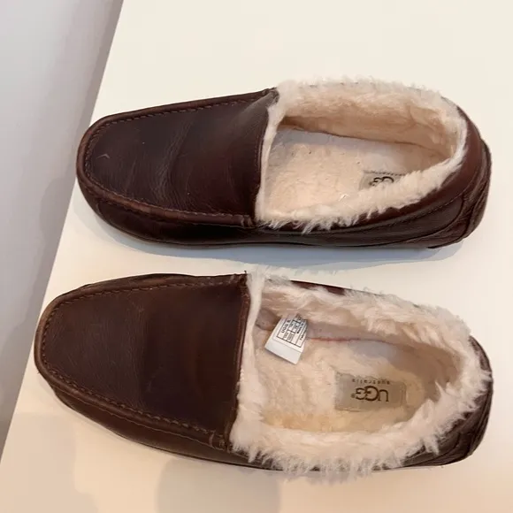 UGG ASCOT COGNAC LEATHER CASUAL SLIP ON MOCCASIN SLIPPER RUBBER OUTSOLE 11EEE