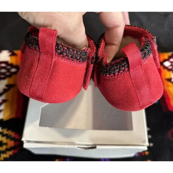 UGG Baby Tasman Moccasins Suede Sheepskin Lined Slipper Red Sz 4/5 (M 12-18Mos)