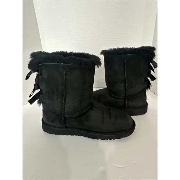 Ugg Baily Bow II Womens Black Leather Mid Calf Boots SIZE 5