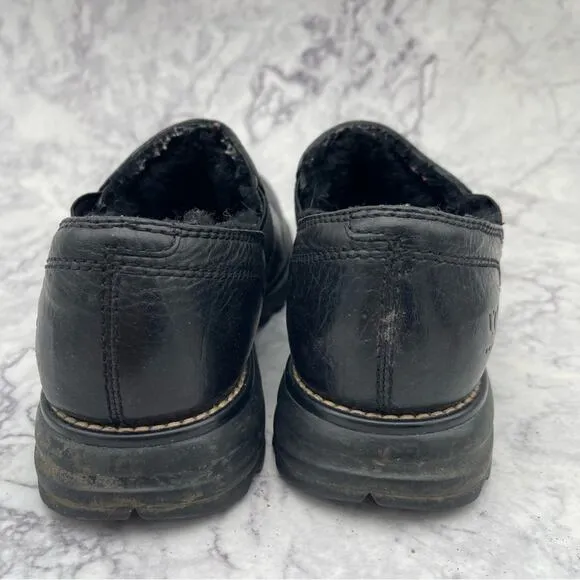 UGG, Black Leather Slip On Shoes. Size 7. In excellent condition!