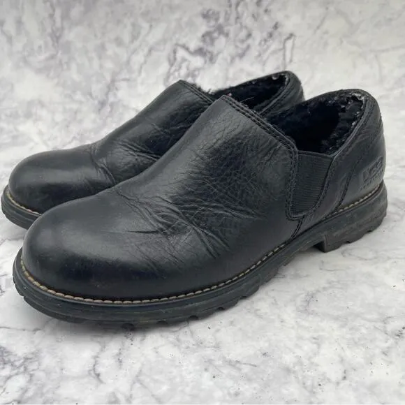 UGG, Black Leather Slip On Shoes. Size 7. In excellent condition!
