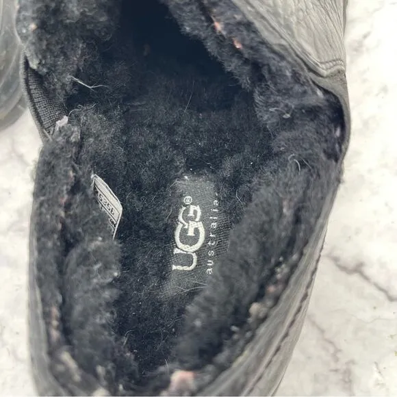 UGG, Black Leather Slip On Shoes. Size 7. In excellent condition!