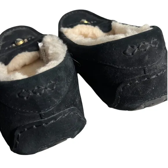 UGG Black Suede Slippers Ansley Swarovski Crystals Shearling Lined Size 7.5