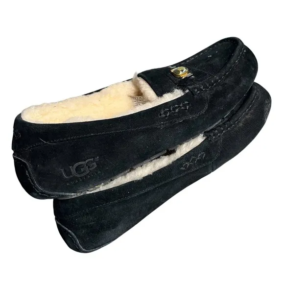 UGG Black Suede Slippers Ansley Swarovski Crystals Shearling Lined Size 7.5