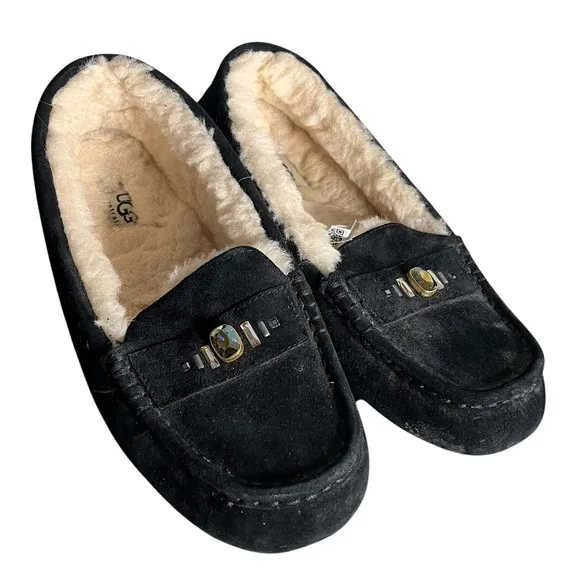 UGG Black Suede Slippers Ansley Swarovski Crystals Shearling Lined Size 7.5