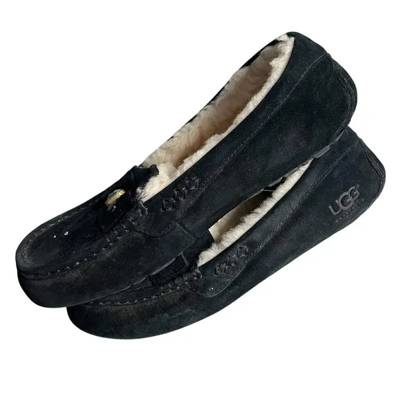 UGG Black Suede Slippers Ansley Swarovski Crystals Shearling Lined Size 7.5