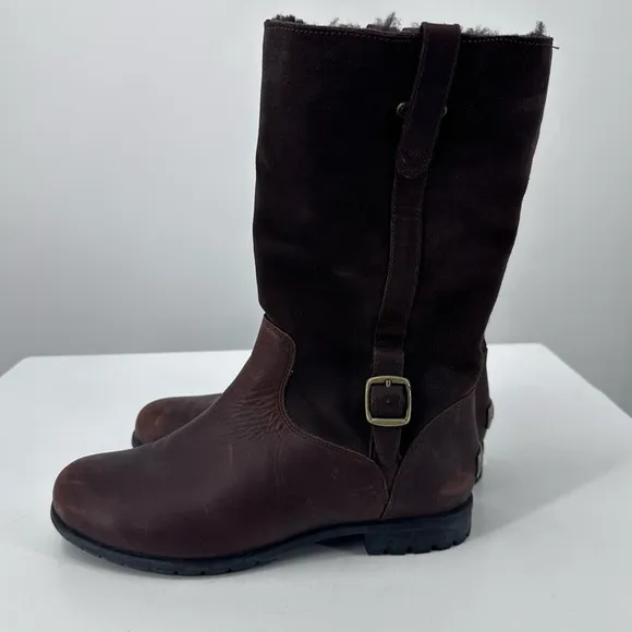 UGG Brown Suede Tall Boots Gold Buckle Womens 7