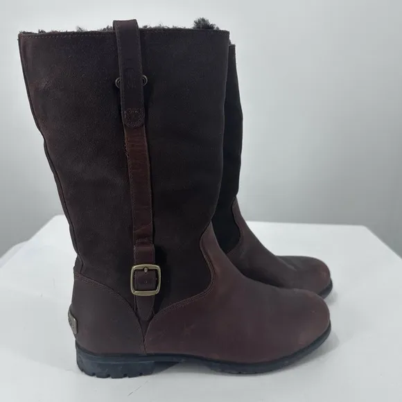 UGG Brown Suede Tall Boots Gold Buckle Womens 7