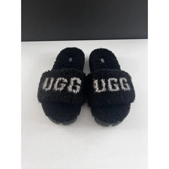 UGG Cozetta Curly Graphic LOGO BLACK SLIPPERS SIZE 9