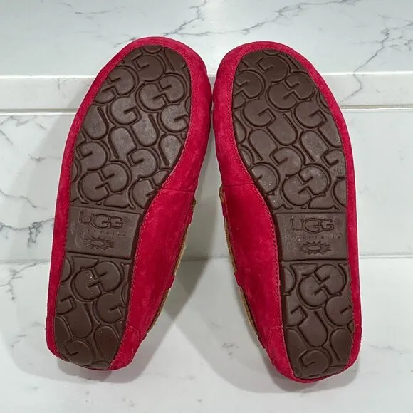 UGG Dakota Slippers Womens 7 Red Suede Moccasin Sheepskin Lined Fur Cozy Indoor