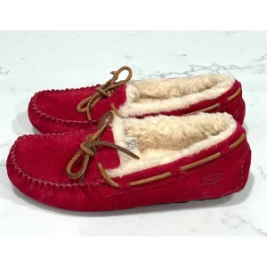 UGG Dakota Slippers Womens 7 Red Suede Moccasin Sheepskin Lined Fur Cozy Indoor