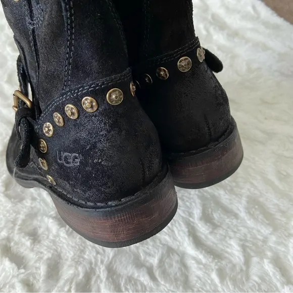 UGG Fabrizia Boots Mid Calf Black Leather Studs Zip Round Toe Buckle Straps