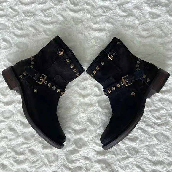 UGG Fabrizia Boots Mid Calf Black Leather Studs Zip Round Toe Buckle Straps