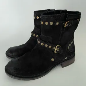 UGG Fabrizia Boots Mid Calf Black Leather Studs Zip Round Toe Buckle Straps