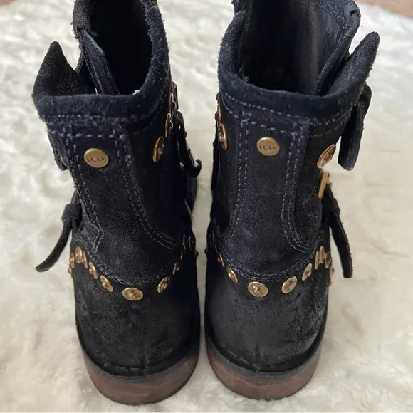 UGG Fabrizia Boots Mid Calf Black Leather Studs Zip Round Toe Buckle Straps
