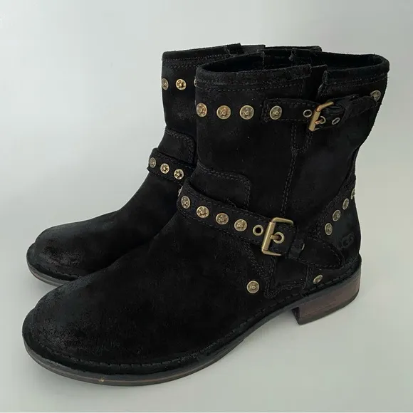 UGG Fabrizia Boots Mid Calf Black Leather Studs Zip Round Toe Buckle Straps