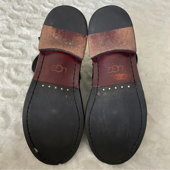 UGG Fabrizia Boots Mid Calf Black Leather Studs Zip Round Toe Buckle Straps