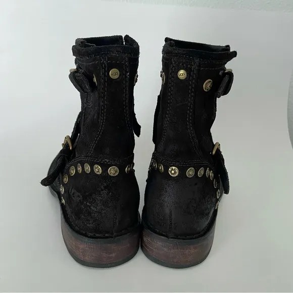 UGG Fabrizia Boots Mid Calf Black Leather Studs Zip Round Toe Buckle Straps