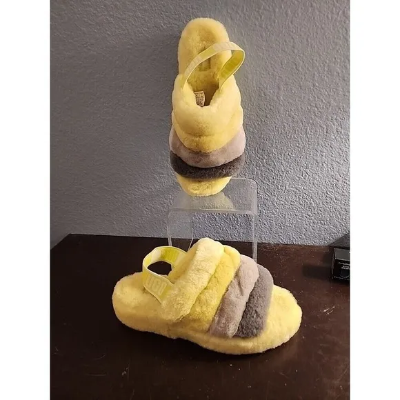 UGG Fluff Yeah Slide Sulfur Multi Yellow Fur Slippers Womens Size 9‎ NWOB