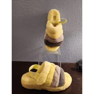UGG Fluff Yeah Slide Sulfur Multi Yellow Fur Slippers Womens Size 9‎ NWOB