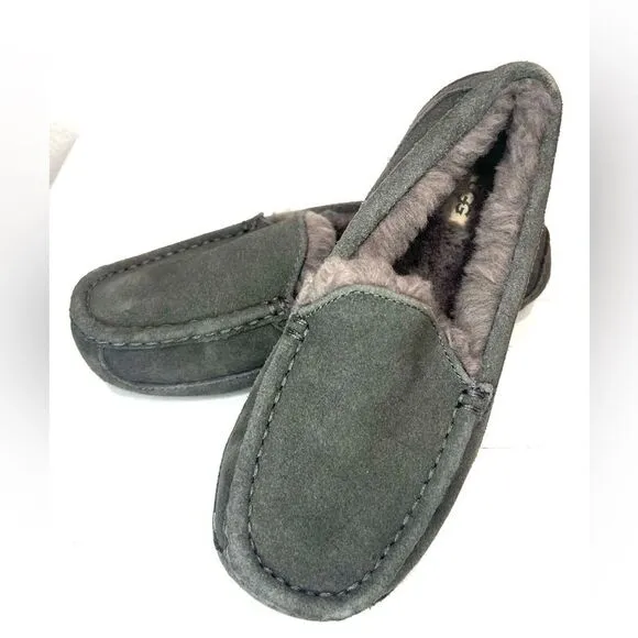 UGG Grey Suede Loafers Leather Cozy Slippers Inside Outside Unisex Sz 4 Eu 36