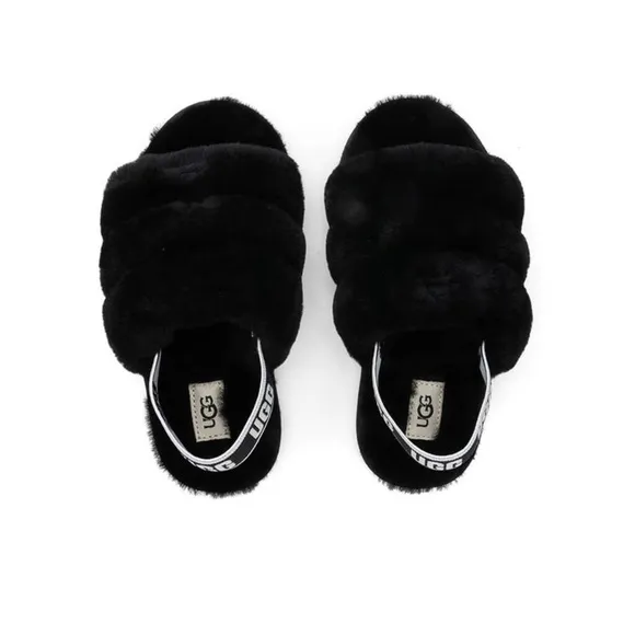 UGG Kids Black Fluff Yeah Slide Fuzzy Slippers Size 12