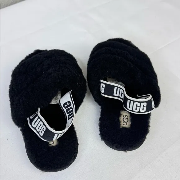 UGG Kids Black Fluff Yeah Slide Fuzzy Slippers Size 12