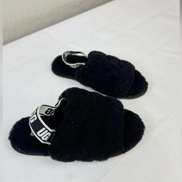 UGG Kids Black Fluff Yeah Slide Fuzzy Slippers Size 12