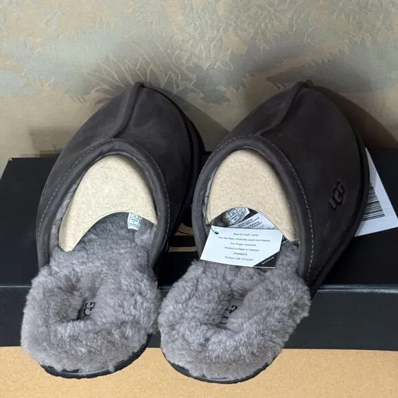 UGG Leather &amp; Lambswool Fur Scuff Slippers Dark Brown &amp; Gray Closed Toe 10 NWB
