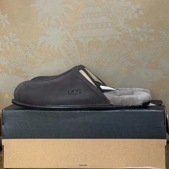 UGG Leather &amp; Lambswool Fur Scuff Slippers Dark Brown &amp; Gray Closed Toe 10 NWB