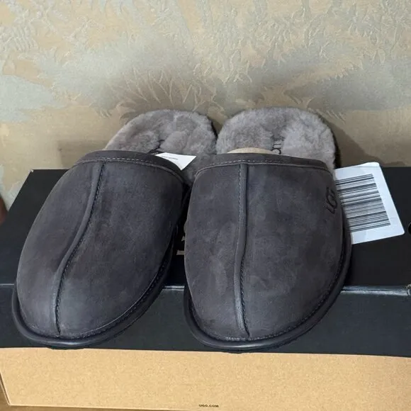 UGG Leather &amp; Lambswool Fur Scuff Slippers Dark Brown &amp; Gray Closed Toe 10 NWB