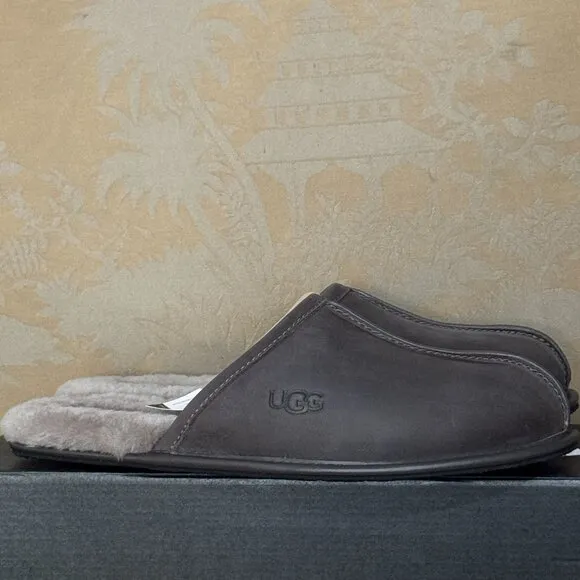 UGG Leather &amp; Lambswool Fur Scuff Slippers Dark Brown &amp; Gray Closed Toe 10 NWB