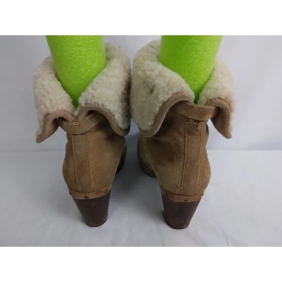UGG Lynnea 3204 Brown Mid-Calf Boots Suede Wooden Heels Shearling Womens Size 8