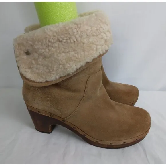UGG Lynnea 3204 Brown Mid-Calf Boots Suede Wooden Heels Shearling Womens Size 8