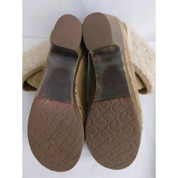 UGG Lynnea 3204 Brown Mid-Calf Boots Suede Wooden Heels Shearling Womens Size 8