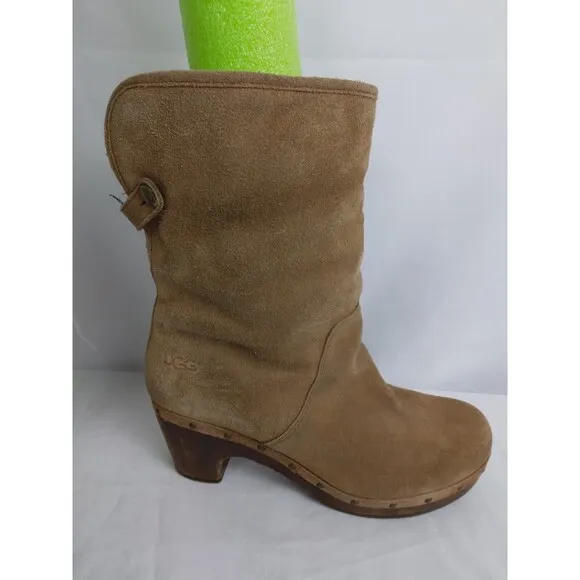 UGG Lynnea 3204 Brown Mid-Calf Boots Suede Wooden Heels Shearling Womens Size 8