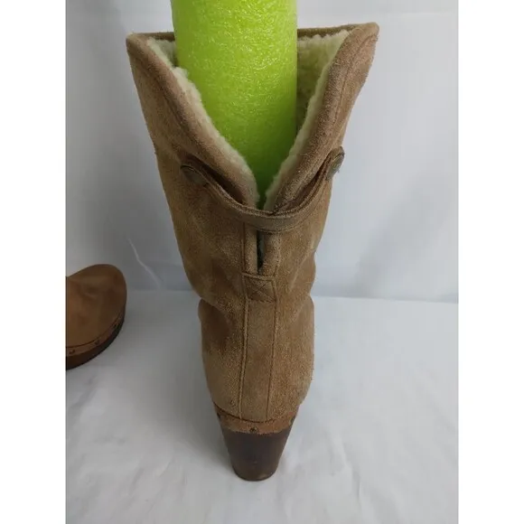 UGG Lynnea 3204 Brown Mid-Calf Boots Suede Wooden Heels Shearling Womens Size 8