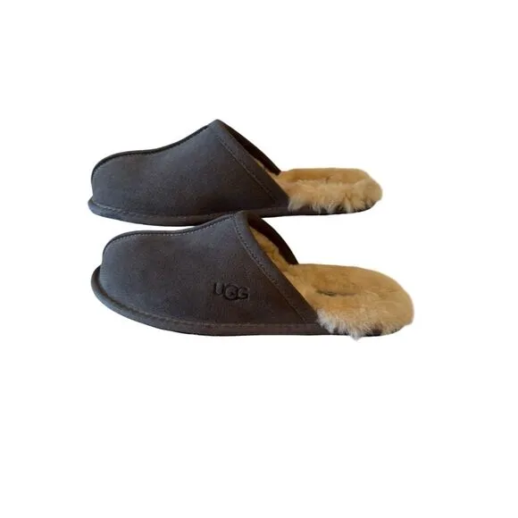 UGG Mens Gray Round Toe Sheepskin Suede Slip On Flat Slippers Size 9