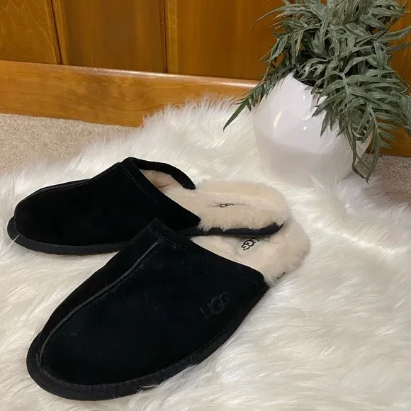 UGG: Men's Suede Wool Scuff Slipper Indoor Black Cream Slip Slide On Slippers 8