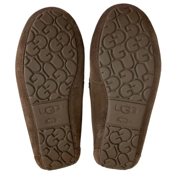 UGG Olsen Espresso Brown Suede Sheepskin Lined Slip On Mocs Slippers