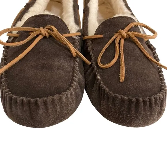 UGG Olsen Espresso Brown Suede Sheepskin Lined Slip On Mocs Slippers