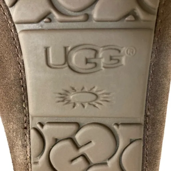 UGG Olsen Espresso Brown Suede Sheepskin Lined Slip On Mocs Slippers