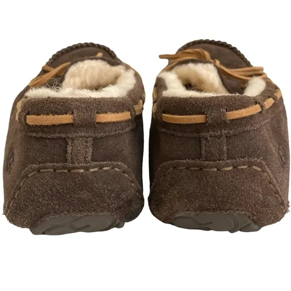 UGG Olsen Espresso Brown Suede Sheepskin Lined Slip On Mocs Slippers
