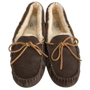UGG Olsen Espresso Brown Suede Sheepskin Lined Slip On Mocs Slippers